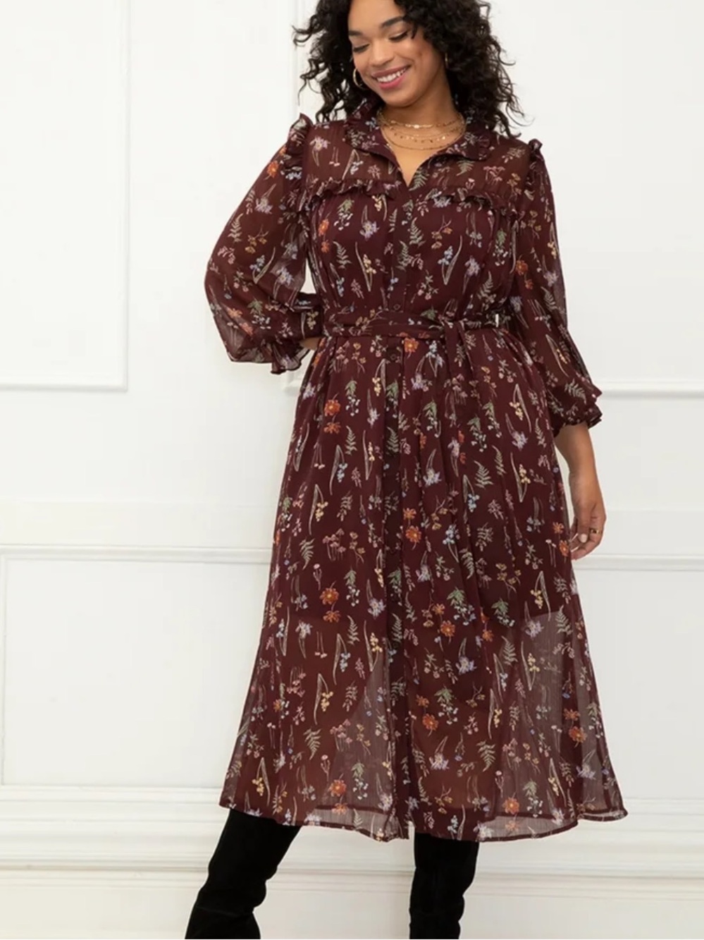 ELOQUII Boho Coquette Cottage Burgundy Floral Ruffle Long Sleeve Midi Dress 18